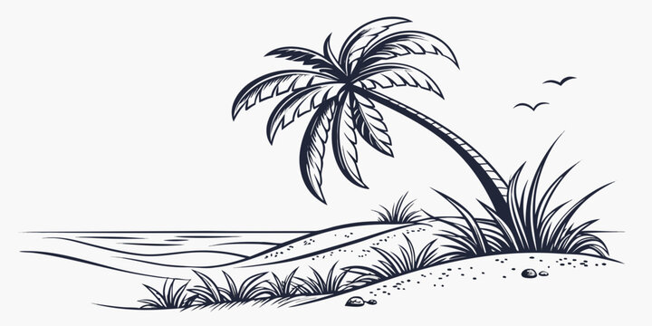 Monochrome engraving style illustration of tropical beach with leaning palm tree sand dunes ocean flying birds black white hand drawn line art illustration engraving monochrome tropical