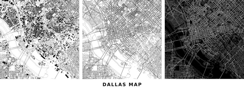 Set of three abstract city maps of dallas, texas, usa vector illustration