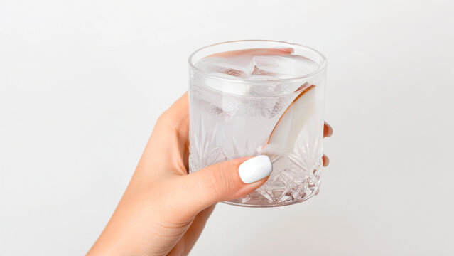 Woman's hand holding a glass of coconut water