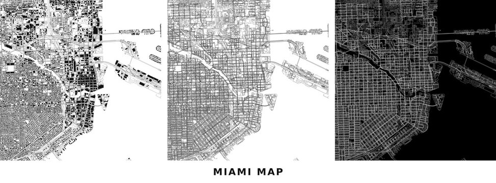 Set of three abstract city maps of miami, usa, showing urban layout vector illustration