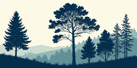 Coniferous forest landscape silhouette with tall pine trees landscape silhouette coniferous woodland outdoors evergreen mountains panoramic background illustration wilderness environment © AE