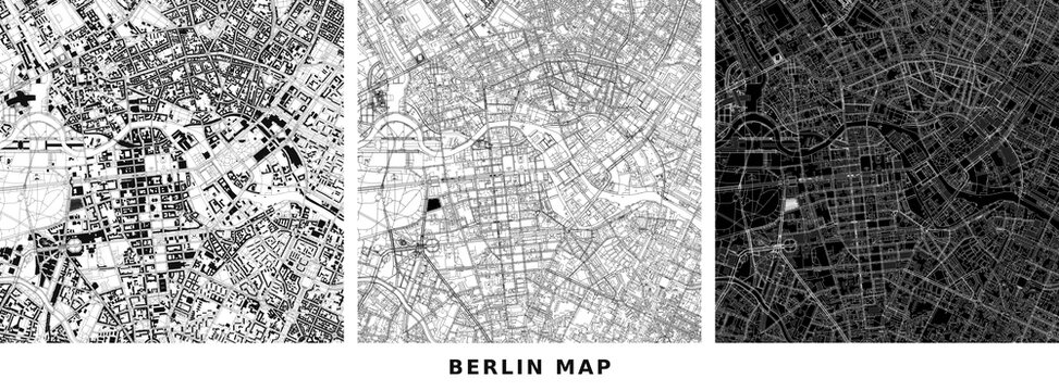 Berlin city map abstract urban street grid layout, minimalist black and white vector illustration