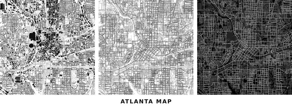 Set of three abstract city maps of atlanta, georgia, usa in different styles vector illustration