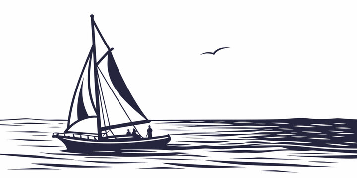 Small sailboat navigating calm open ocean waters silhouette graphic with sailboat maritime nautical silhouette illustration background transport navigation adventure landscape seascape