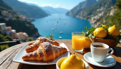 Fototapeta premium Morning croissants coffee juice served on wooden table overlooking sea bay. Mountains and village visible in background. Fresh lemons in bowl complete breakfast.