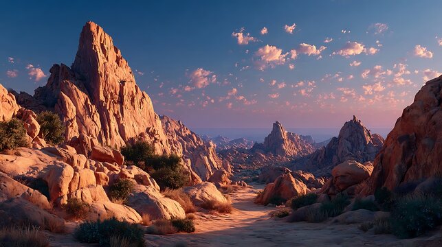 Wide angle view of jagged desert rock formations at golden sunset images