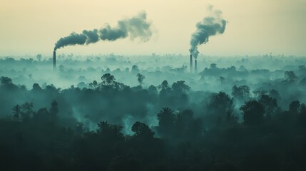 Fototapeta premium Industrial Smog Billowing Over Misty Forest Landscape With Dramatic Lighting Effect