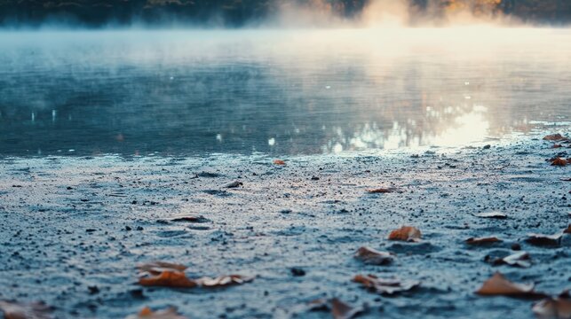 Misty sunrise over a tranquil autumn lake with fallen leaves scattered on the sandy shore
