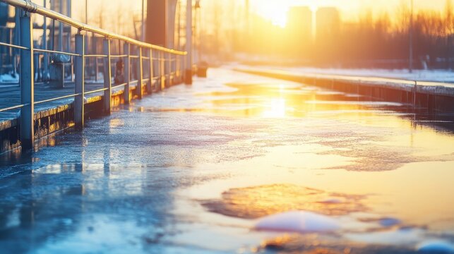 Oil spills reflecting the morning sun in polluted harbor water with long exposure, soft lighting, urban backdrop