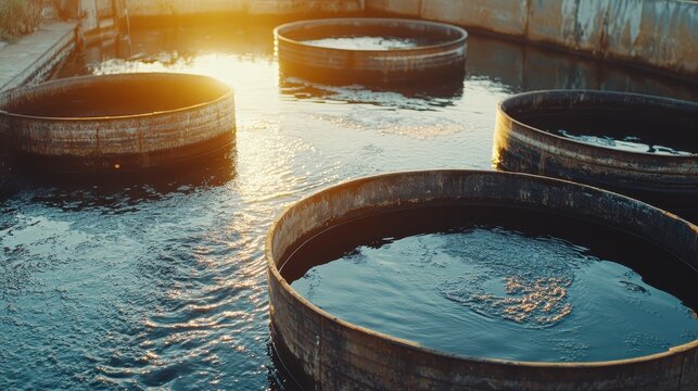 Industrial waste barrels floating in polluted ponds during golden hour sunlight