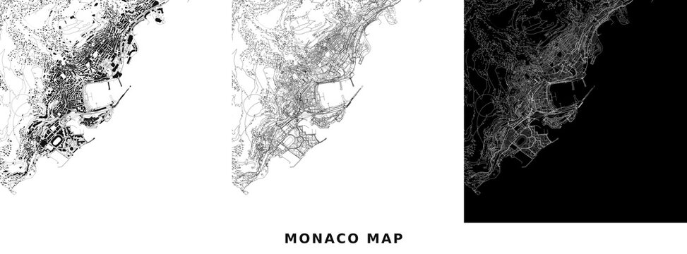 Monaco city map with building footprints, road network and dark street layout vector illustration