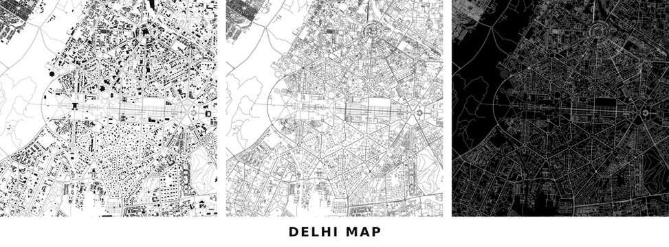 Set of three urban maps of delhi showing building footprints and road networks vector illustration