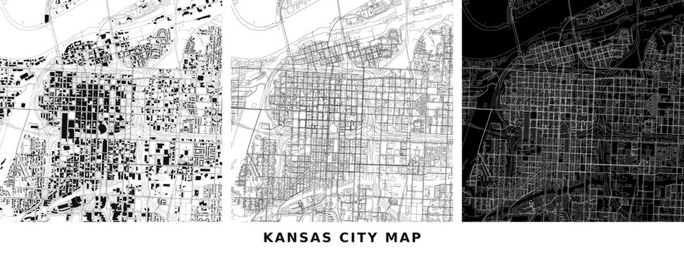 Set of three urban maps of kansas city showing building footprints and road networks vector illustration