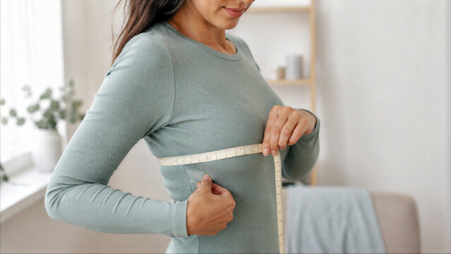 Close up of an adult woman measuring her chest circumference with a tape measure over a long-sleeved shirt in a bright home interior.