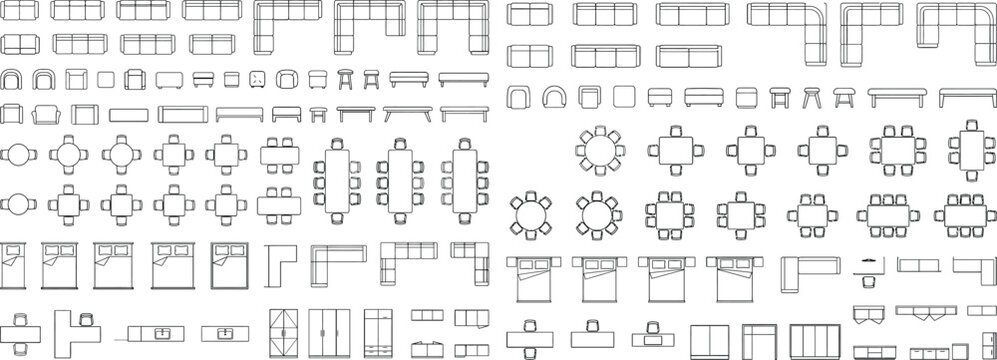 Architectural furniture CAD block library vector set, top view interior layout symbols for floor plans, office seating and space planning design