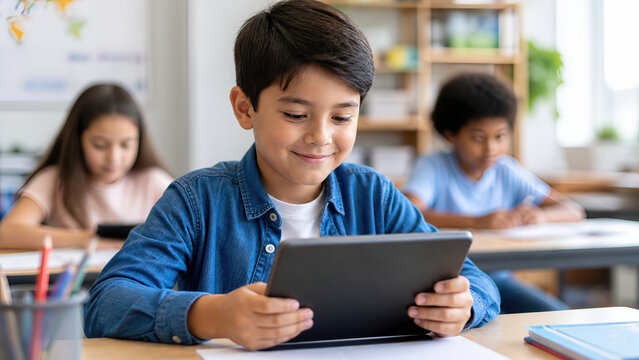 Smiling Elementary School Boy Using Digital Tablet for Online Learning in a Modern Classroom with Diverse Classmates