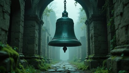 Obraz premium Ancient bell hangs in misty stone corridor. Moss covers old ruins path. Eerie atmosphere in forgotten abandoned place. Mysterious haunting dark scene.