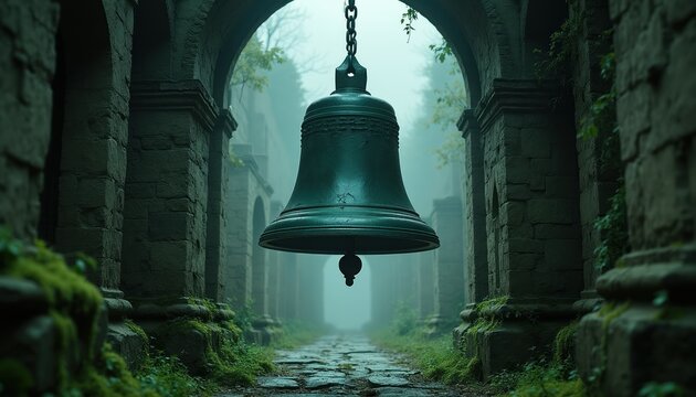 Ancient bell hangs in misty stone corridor. Moss covers old ruins path. Eerie atmosphere in forgotten abandoned place. Mysterious haunting dark scene.