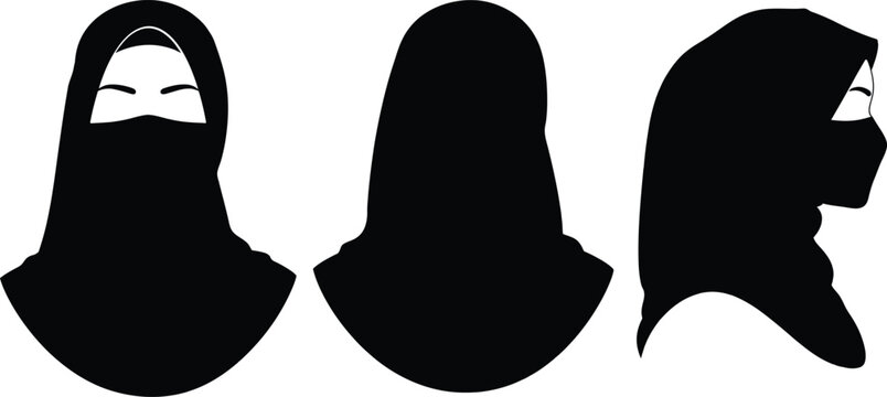 Set of silhouettes of muslim women wearing niqab and hijab head covering from different views