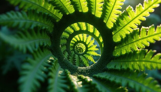 Close-up view of fern frond unfurling in spiral pattern. Green leaves backlit by sunlight create abstract natural design. Growth, fractal beauty, nature background.