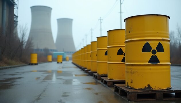 Yellow barrels marked with radiation symbols stand in row outside industrial cooling towers. Drums symbolize nuclear waste storage safety concerns, energy production risks. Environmental hazard