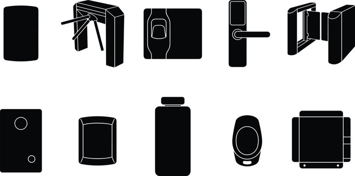Collection of access and security device silhouettes featuring locks, card readers, doors, panels, keypads, and smart entry systems