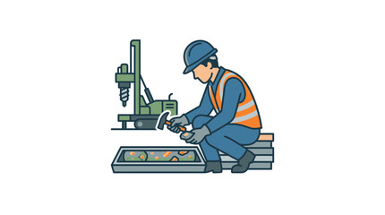 Naklejka premium Construction worker drilling and hammering, geological survey, safety vest and helmet