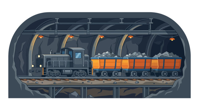 Coal Train in Mine Tunnel, Industrial Transportation, Mining Equipment, Underground Cargo