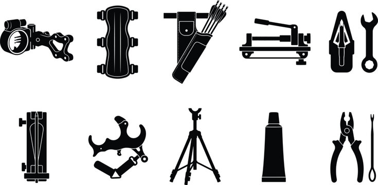 Collection of rigging hardware silhouettes featuring hooks, shackles, pulleys, clips, plates, and lifting connectors
