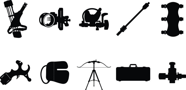 Collection of rigging hardware silhouettes featuring hooks, shackles, pulleys, clips, plates, and lifting connectors