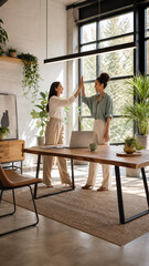 Fototapeta premium Two diverse professional women giving a high five in a modern sunlit office