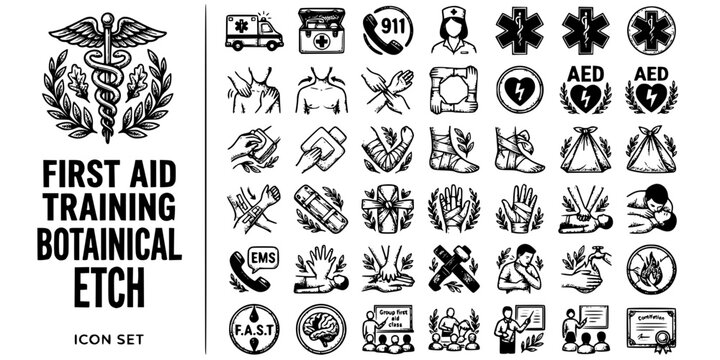 EMS First Aid Training Botanical Etch Black White-Bandage Splint Bystander CPR-Community Vector-Training Icon Etch-EMS Design Set