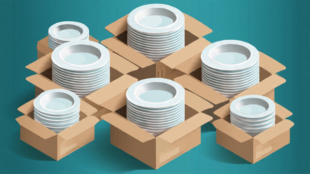 Stacked white plates in cardboard boxes on teal background for storage or shipping