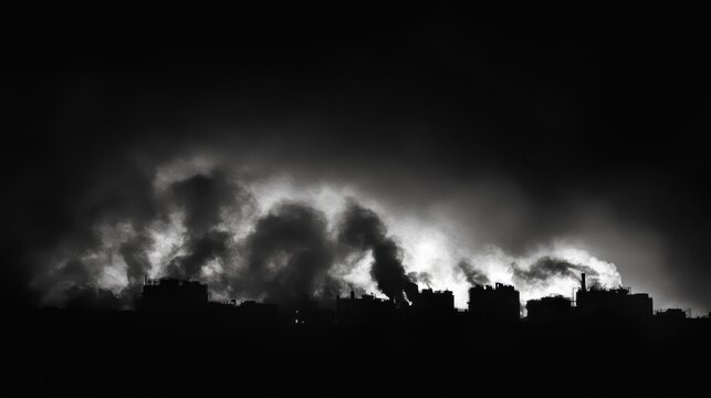 Industrial power plant emissions billowing smoke into the dark night sky, industrial area silhouette, high contrast effect