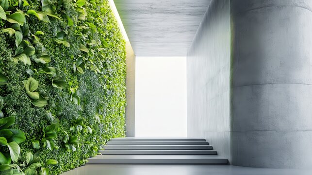 Modern Urban Green Corridor Featuring a Lush Vertical Garden and Concrete Architecture Leading to Bright Light