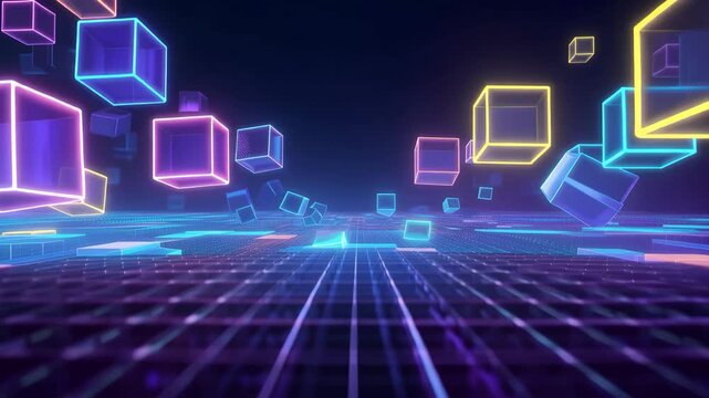 Neon lit cubes floating in a futuristic digital space with grid floor