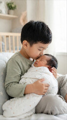Obraz premium A loving older brother gently kissing his newborn sibling on the forehead while holding the baby in a cozy nursery