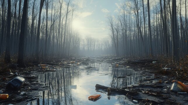 Polluted marshland choked with plastic debris under a somber sky, showcasing environmental degradation.