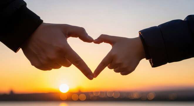 Hands in winter jackets forming heart shape at sunset