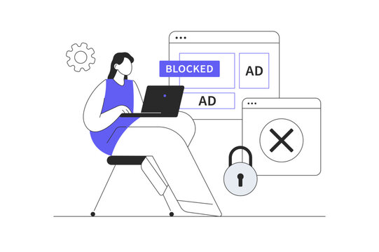 Cybersecurity Shield Protection and Ad Blocking Browser Extension. Female Character Working on Laptop near Blocked Adware Notification and Padlock. Flat Cartoon Vector Illustration, icon Stylish web