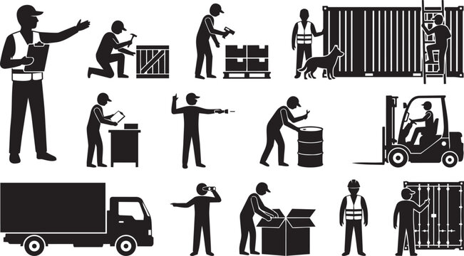 Warehouse and Logistics Worker Silhouette Collection Featuring Material Handling Inventory Operations and Industrial Activities