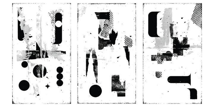Abstract minimalist black and white geometric art triptych set