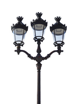 Paris vintage antique 3 head street light lantern in Place Vendome on PNG transparent background.