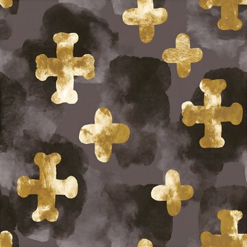 Golden watercolor khachkar crosses seamless pattern on dark background