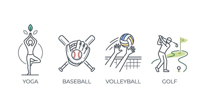 Stylish outline sports icon set featuring yoga pose, crossed baseball bats with ball, volleyball hands at net and golfer on green, perfect for wellness programs, team sports leagues, country clubs and
