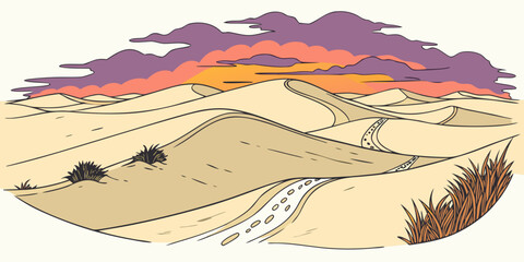 Wavy sand dune landscape under purple sunset sky with clouds landscape wilderness environment illustration stylized sunlight dramatic background minimalist scapeland tranquil geography © Sp