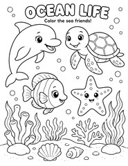 Fototapeta premium Ocean life coloring page for kids, featuring cute sea animals like a dolphin, turtle, fish, and starfish in underwater scene