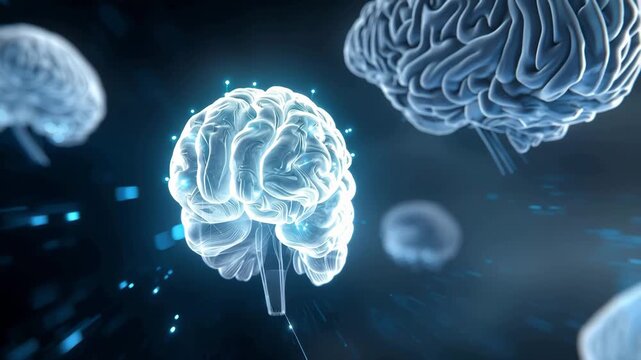 Glowing blue brains floating in a dark space with particles