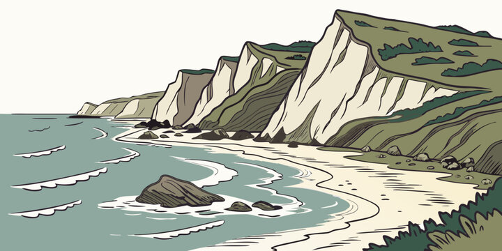 Drawn landscape of steep coastal cliffs above the rocky ocean shoreline with landscape shoreline illustration outdoors environment topography seascape formation clifftop coastline greenery