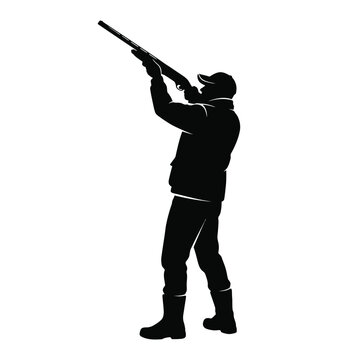 Silhouette of a hunter aiming a shotgun with silhouette activity recreation shooting outdoors wardrobe clothing standing vigilant preparation gamekeeper sportsman countryside